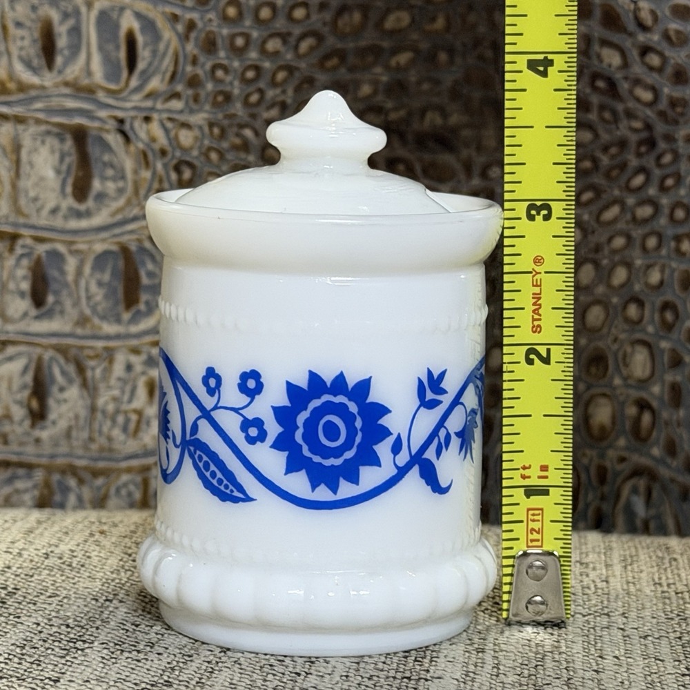 Hazel Atlas White Milk Glass Blue Sweet Pea Mustard Spice ApothecaryJars W/Lid - Picture 10 of 10